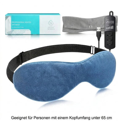 Beheizbare Augenmaske mit Temperaturregelung und Timer, geeignet für einen Kopfumfang von unter 65 cm.