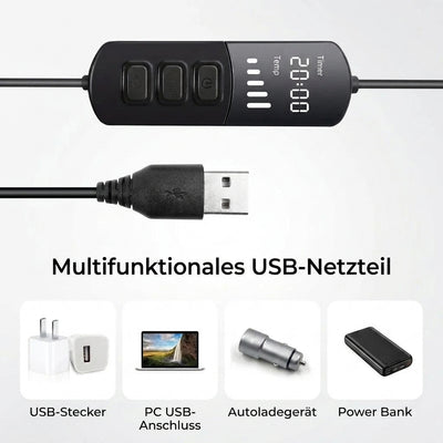 USB-Kabel mit Steuereinheit für die beheizbare Augenmaske, kompatibel mit Netzstecker, PC, Autoladegerät und Powerbank.