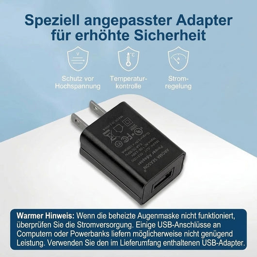 Sicherheitsadapter für die beheizbare Augenmaske mit Schutz vor Überspannung, Temperaturkontrolle und Stromregulierung.