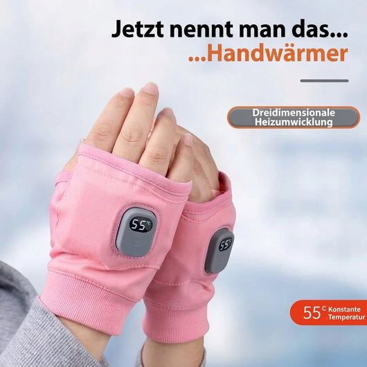 Beheizbare fingerlose Handschuhe in Rosa mit digitaler Temperaturanzeige auf 55 Grad Celsius eingestellt.