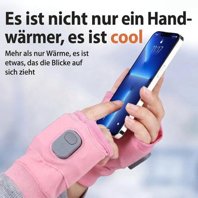 Beheizbare, fingerlose Handschuhe für Damen mit USB-Anschluss, die beim Bedienen eines Smartphones getragen werden.