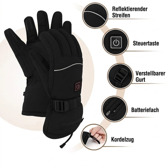 Beheizbare Handschuhe mit Temperaturregelung, wasserabweisend, mit Details zu Reflektorstreifen, Steuerung und Akkufach.