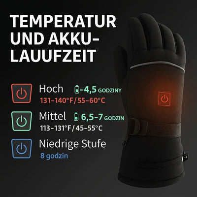 Beheizbare Handschuhe zeigen die Temperaturstufen und die zugehörige Akkulaufzeit in einer Übersicht an.