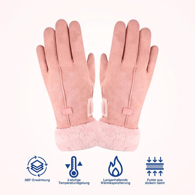 Beheizbare Winterhandschuhe für Damen in Rosa mit Fellbesatz und Symbolen für Wärmefunktionen