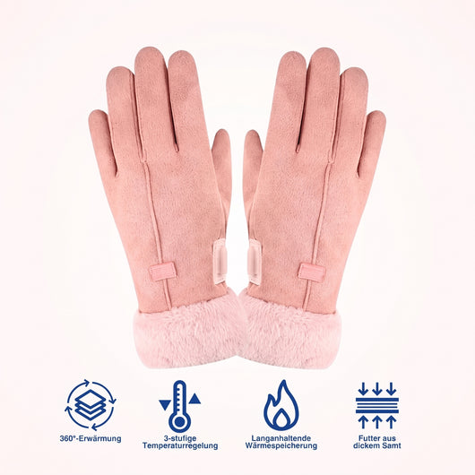 Beheizbare Winterhandschuhe für Damen in Rosa mit Fellbesatz und Symbolen für Wärmefunktionen