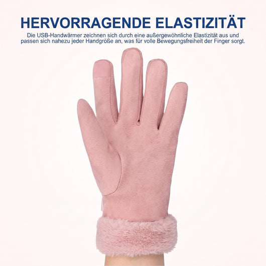 Ein einzelner, rosafarbener, beheizbarer Winterhandschuh mit weichem Fellsaum am Handgelenk.