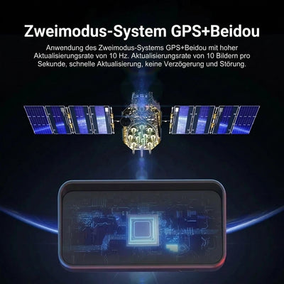 Ein Satellit über einem digitalen Autotacho-Display, das die GPS- und Beidou-Signalverarbeitung visualisiert.
