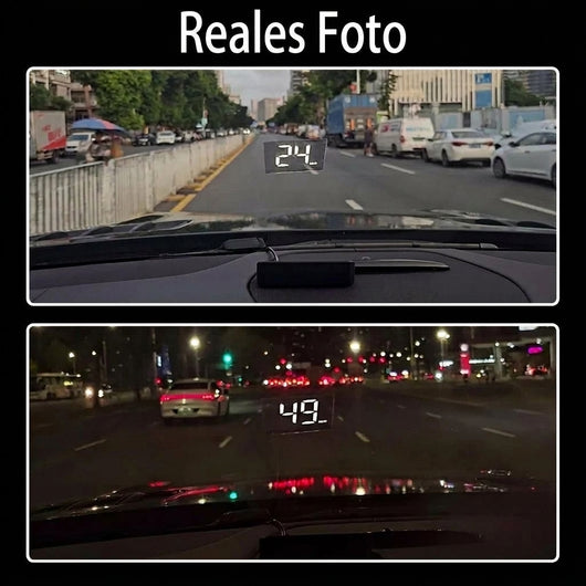 Ein digitales Head-Up-Display zeigt die aktuelle Geschwindigkeit auf der Windschutzscheibe bei Tag und Nacht an.