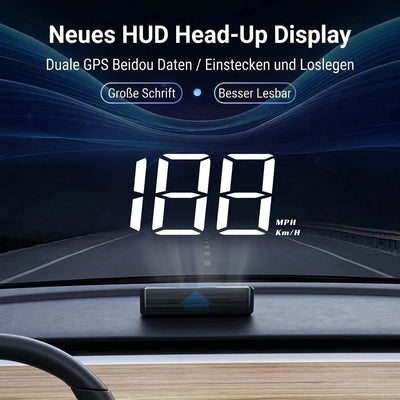 Digitaler Autotacho mit HUD-Projektion und GPS-Anzeige auf der Windschutzscheibe für eine einfache Installation.