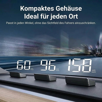 Digitaler Autotacho mit HUD-Projektion, der kompakt auf dem Armaturenbrett platziert ist und Geschwindigkeitsdaten anzeigt.