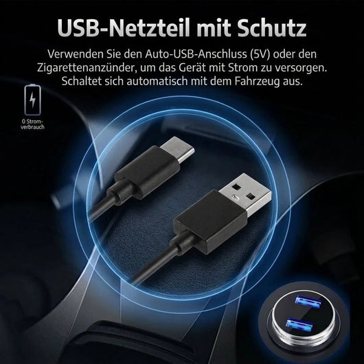 USB-Netzteil mit Schutzfunktion für den Anschluss an den Zigarettenanzünder oder USB-Port im Auto.
