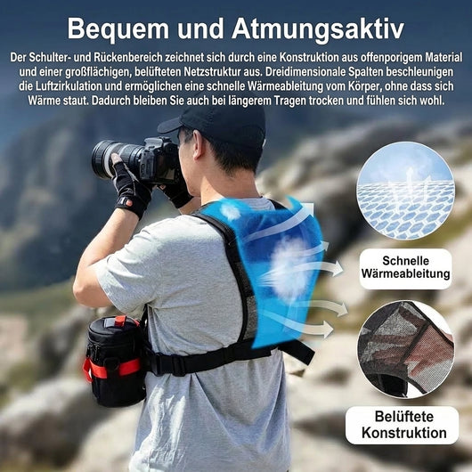 Doppelkamera-Gurt für Fotografen mit atmungsaktivem Nylon-Mesh-Gewebe an Schultern und Rücken für bessere Belüftung.