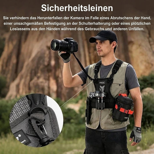 Fotograf trägt einen Doppelkamera-Gurt mit Sicherheitsriemen, der das Herunterfallen der Kamera verhindert.