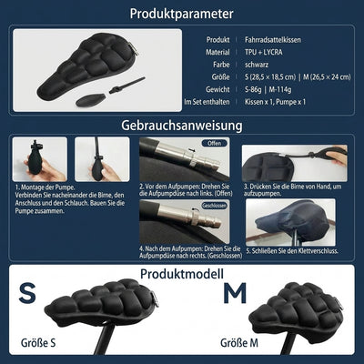 Dekompressionskissen für Fahrradsättel mit Stoßdämpfung, Größen S und M, inklusive Anleitung zur Montage und Aufpumpen