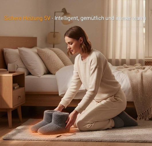Eine Frau kniet im Schlafzimmer auf einem Teppich und zieht sich beheizbare Hausschuhe an.