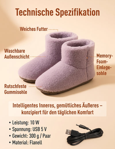 Elektrisch beheizte Hausschuhe für Damen und Herren mit USB-Anschluss, Memory-Schaum-Einlage und rutschfester Gummisohle