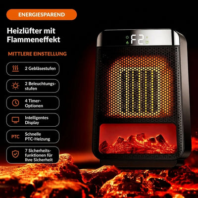 Elektrischer Heizlüfter mit Flammeneffekt und digitalem Display, zeigt verschiedene Einstellungsoptionen an.
