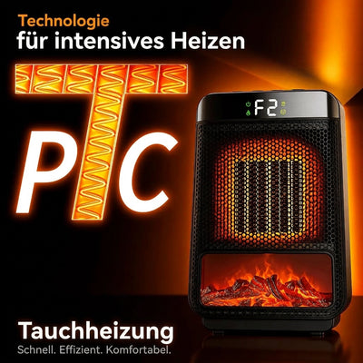 Elektrischer Heizlüfter mit PTC-Keramik-Technologie und einer Anzeige für die Heizstufe F2 sowie einem Kaminfeuer-Effekt.