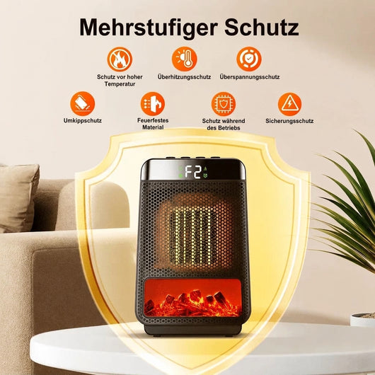 Elektrischer Heizlüfter mit Sicherheitsfunktionen wie Überhitzungsschutz und Kippschutz auf einem Tisch