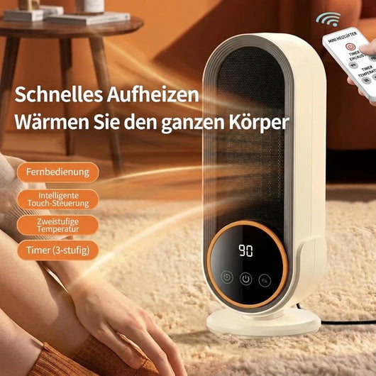 Kompakte Elektroheizung mit 1200 W, Fernbedienung und Timer für eine effiziente und schnelle Erwärmung kleiner Räume