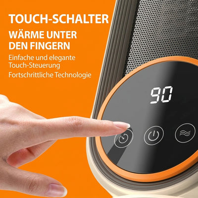 Finger bedient das Touch-Display einer Elektroheizung mit Temperaturanzeige