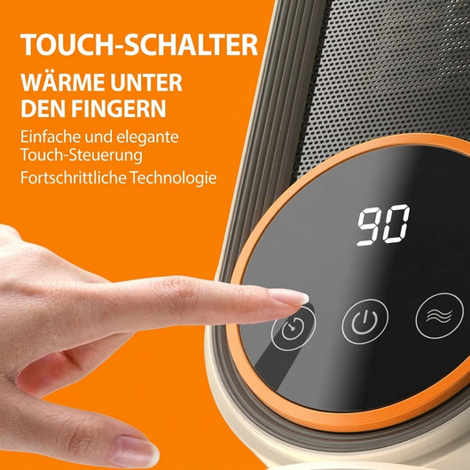 Finger bedient das Touch-Display einer Elektroheizung mit Temperaturanzeige