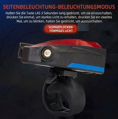 Fahrradrücklicht mit Laserprojektion, das ein Schneeflockenmuster auf den Boden projiziert, inklusive Bedienhinweisen.