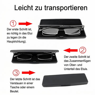 Anleitung in drei Schritten zum Zusammenklappen und Verstauen der faltbaren Lesebrille im Etui.