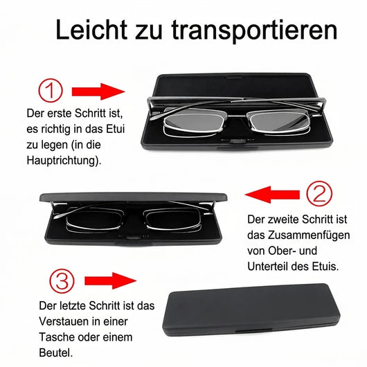 Anleitung in drei Schritten zum Zusammenklappen und Verstauen der faltbaren Lesebrille im Etui.