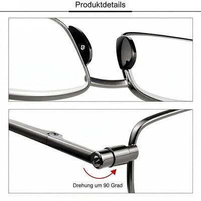 Detailansicht der faltbaren Lesebrille mit Fokus auf die Nasenpads und das um 90 Grad drehbare Scharnier.