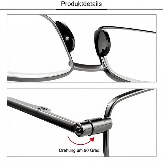 Detailansicht der faltbaren Lesebrille mit Fokus auf die Nasenpads und das um 90 Grad drehbare Scharnier.