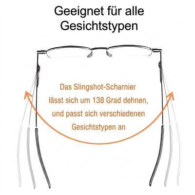 Die faltbare Lesebrille verfügt über flexible Slingshot-Scharniere, die sich um 138 Grad für verschiedene Gesichtsformen dehnen.