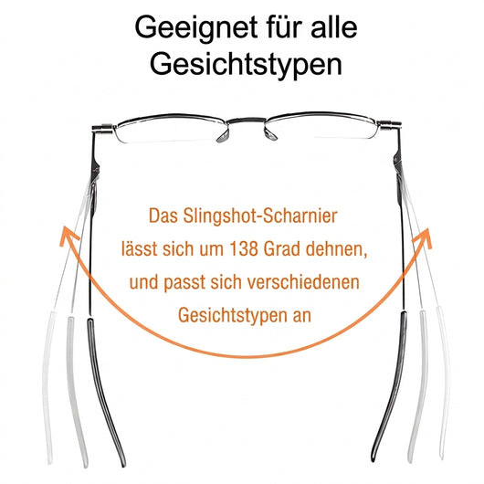 Die faltbare Lesebrille verfügt über flexible Slingshot-Scharniere, die sich um 138 Grad für verschiedene Gesichtsformen dehnen.