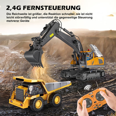 Ferngesteuerter Bagger 1:20 mit 11-Kanal Fernbedienung und Muldenkipper bei der Arbeit im Gelände
