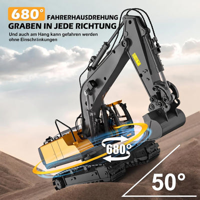 Ferngesteuerter Bagger auf einer Steigung mit 680 Grad drehbarem Aufbau und 50 Grad Steigfähigkeit