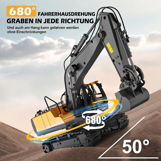 Ferngesteuerter Bagger auf einer Steigung mit 680 Grad drehbarem Aufbau und 50 Grad Steigfähigkeit