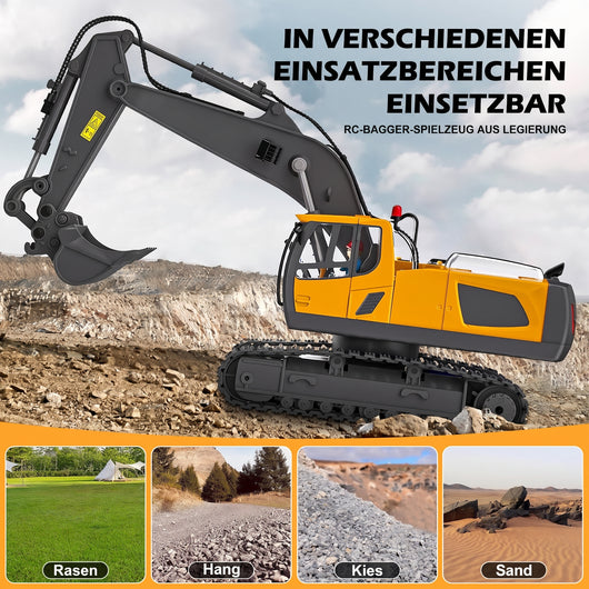 Ferngesteuerter Bagger im Maßstab 1:20, geeignet für verschiedene Untergründe wie Rasen, Schotter, Kies und Sand.