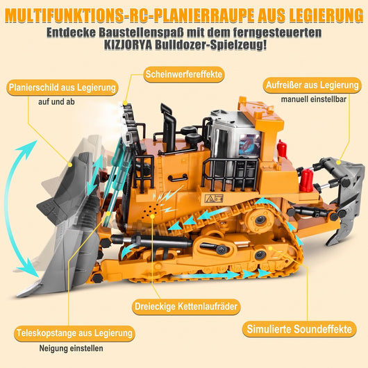 Ferngesteuerter KIZJORYA Bulldozer mit Metallteilen, beweglicher Schaufel, Soundeffekten und Scheinwerfern.