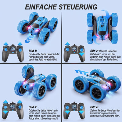 Anleitung zur Steuerung des ferngesteuerten Stunt-Autos mit vier verschiedenen Bewegungsabläufen über die Fernbedienung.