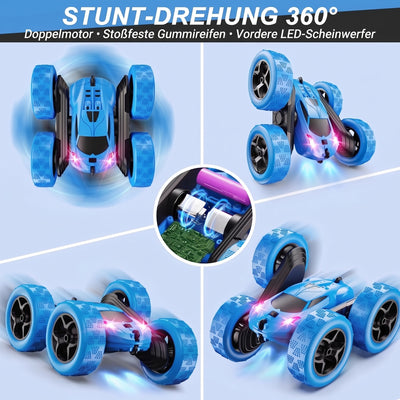 Blaues ferngesteuertes Stuntauto mit 360-Grad-Drehfunktion, Gummireifen und LED-Scheinwerfern in verschiedenen Ansichten.