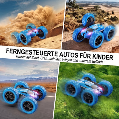 Ein blaues ferngesteuertes Stuntauto fährt auf verschiedenen Untergründen wie Sand, Gras und Asphalt.