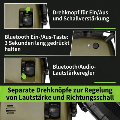 Detailansicht der Bedienelemente am Gehörschutz für den Schießsport mit Bluetooth-Steuerung und Lautstärkereglern.