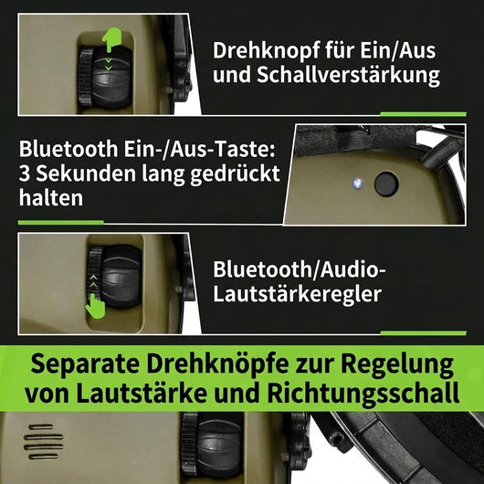 Detailansicht der Bedienelemente am Gehörschutz für den Schießsport mit Bluetooth-Steuerung und Lautstärkereglern.