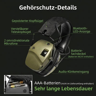 Gehörschutz für den Schießsport mit 22 dB Geräuschdämpfung, Bluetooth 5.0 und detaillierter Darstellung der Funktionen.