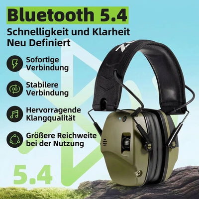 Grüner Gehörschutz für den Schießsport mit Bluetooth 5.4 Technologie für eine stabile Verbindung und exzellente Klangqualität