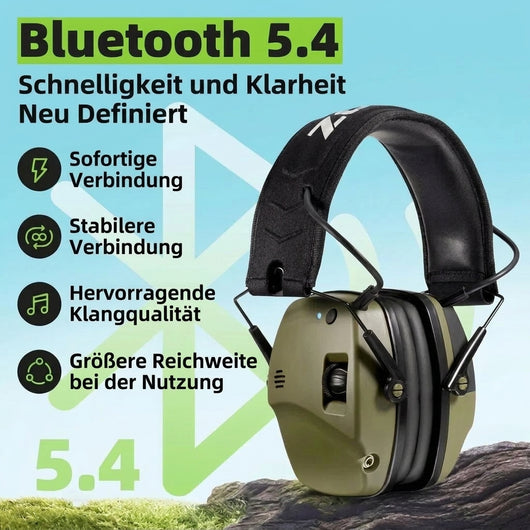 Grüner Gehörschutz für den Schießsport mit Bluetooth 5.4 Technologie für eine stabile Verbindung und exzellente Klangqualität