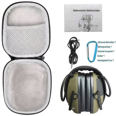 Elektronischer Gehörschutz mit Transportetui, Karabiner, Audiokabel und Bedienungsanleitung.