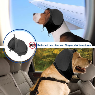 Gehörschutz für Hunde, der den Lärm von Flugzeug- und Automotoren reduziert, getragen von zwei Hunden im Flugzeug und Auto.