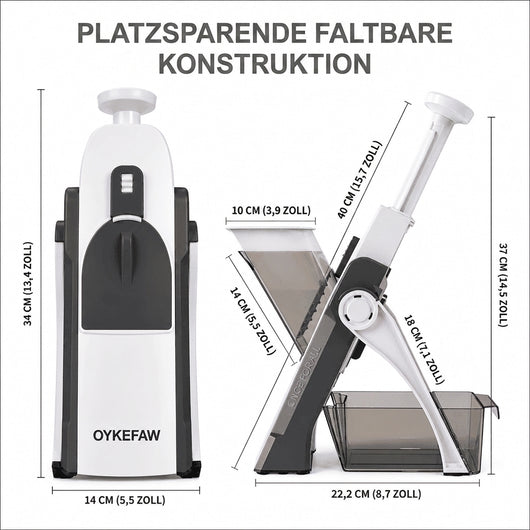 Gemüseschneider mit klappbarem Design und Maßangaben in Zentimetern und Zoll zur Veranschaulichung der kompakten Bauweise.