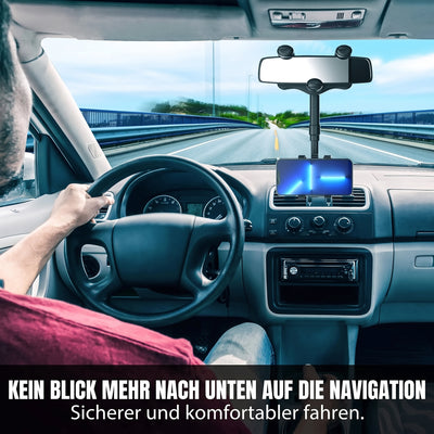Ein Mann fährt ein Auto mit einer am Rückspiegel befestigten Handyhalterung, die das Smartphone auf Augenhöhe hält.
